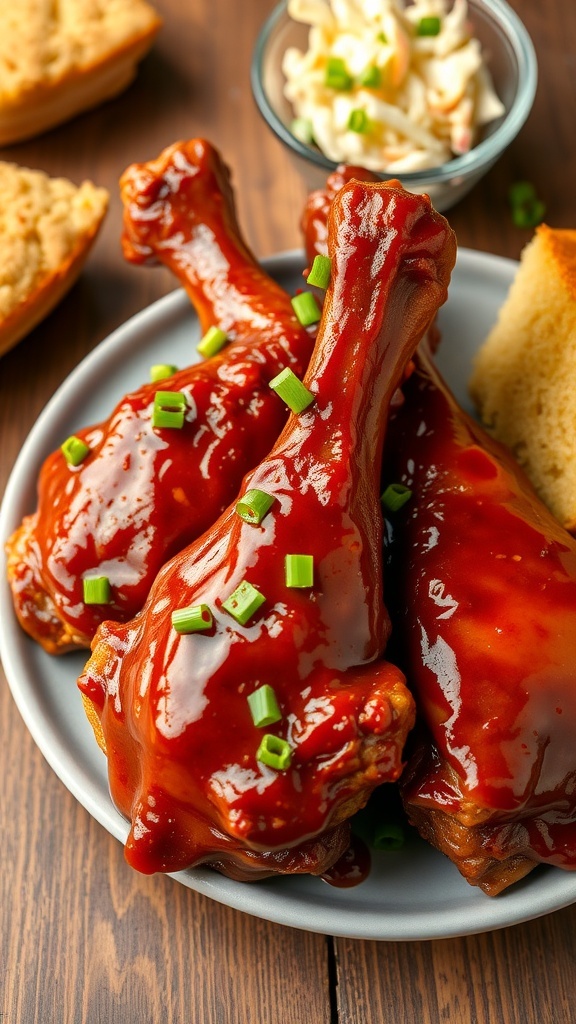 BBQ chicken drumsticks on a plate with coleslaw and cornbread, garnished with green onions.